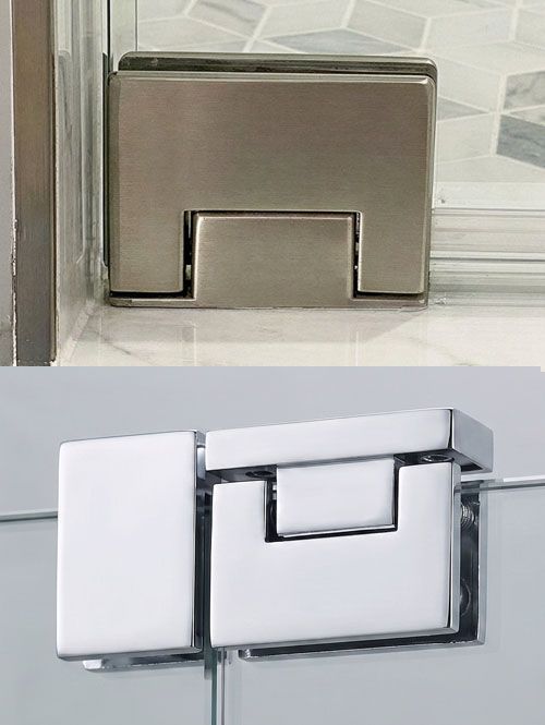 Close-up of MY Pivot Hinge on a frameless shower enclosure