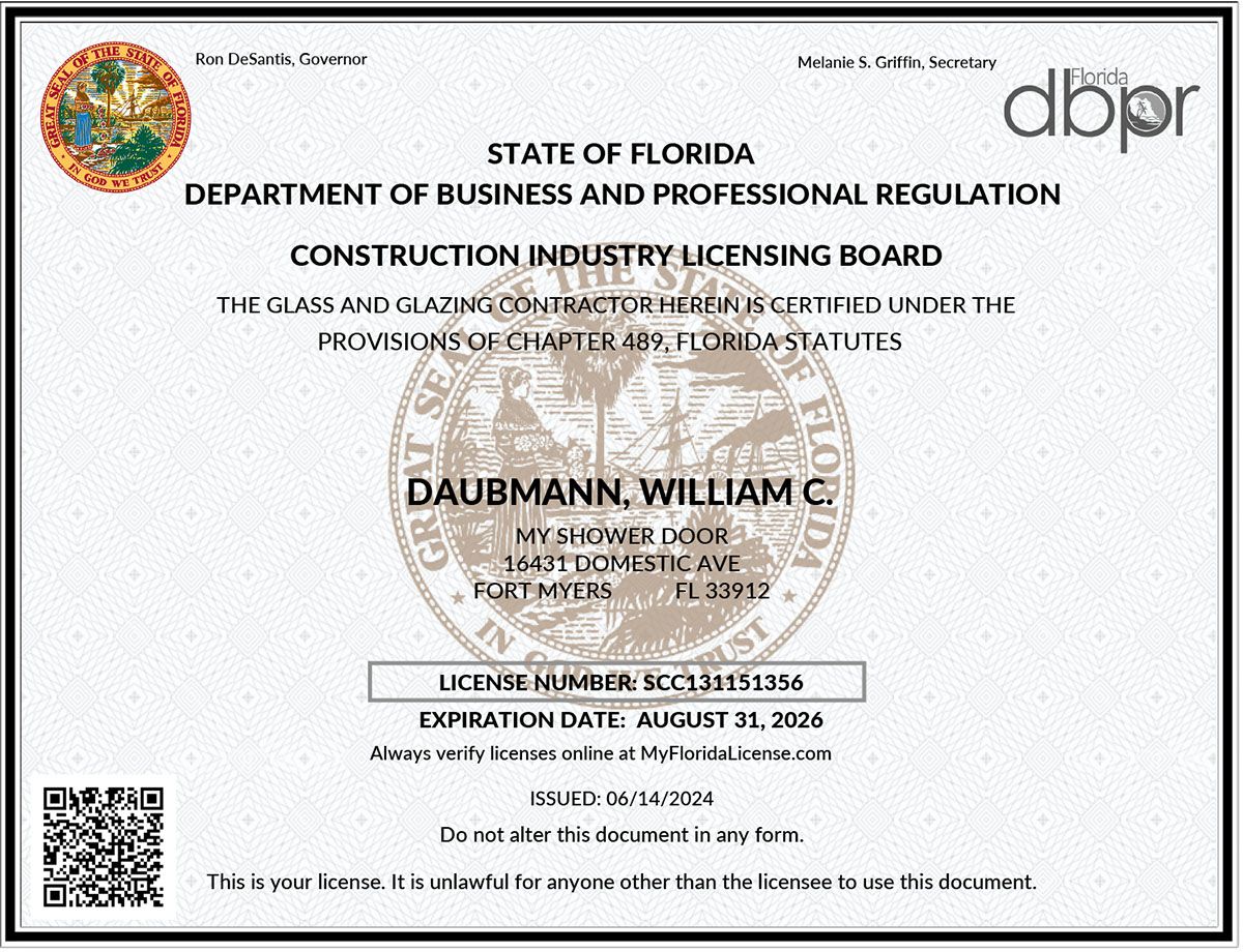MY Shower Door Installation License
