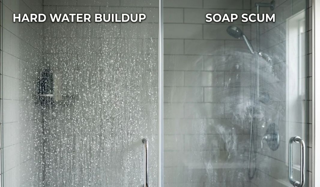 hard water and soap scum on shower doors