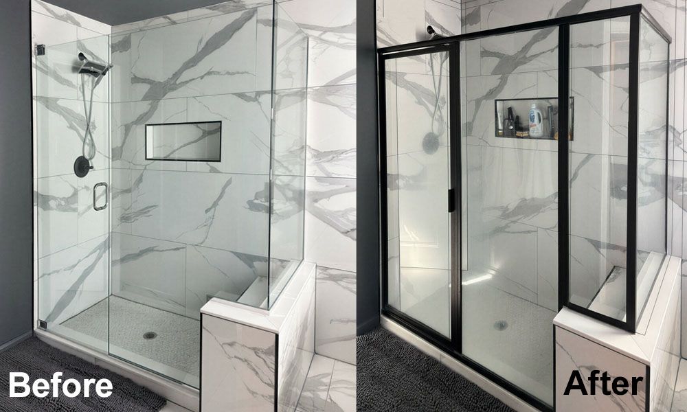 Before and after of a Florida bathroom shower door upgrade