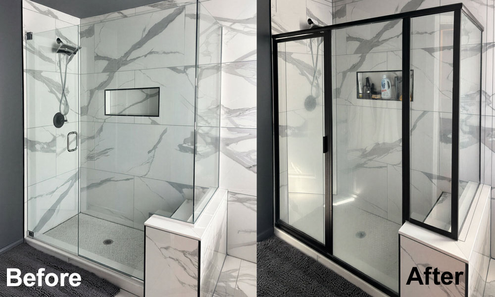 Before and after of a Florida bathroom shower door upgrade