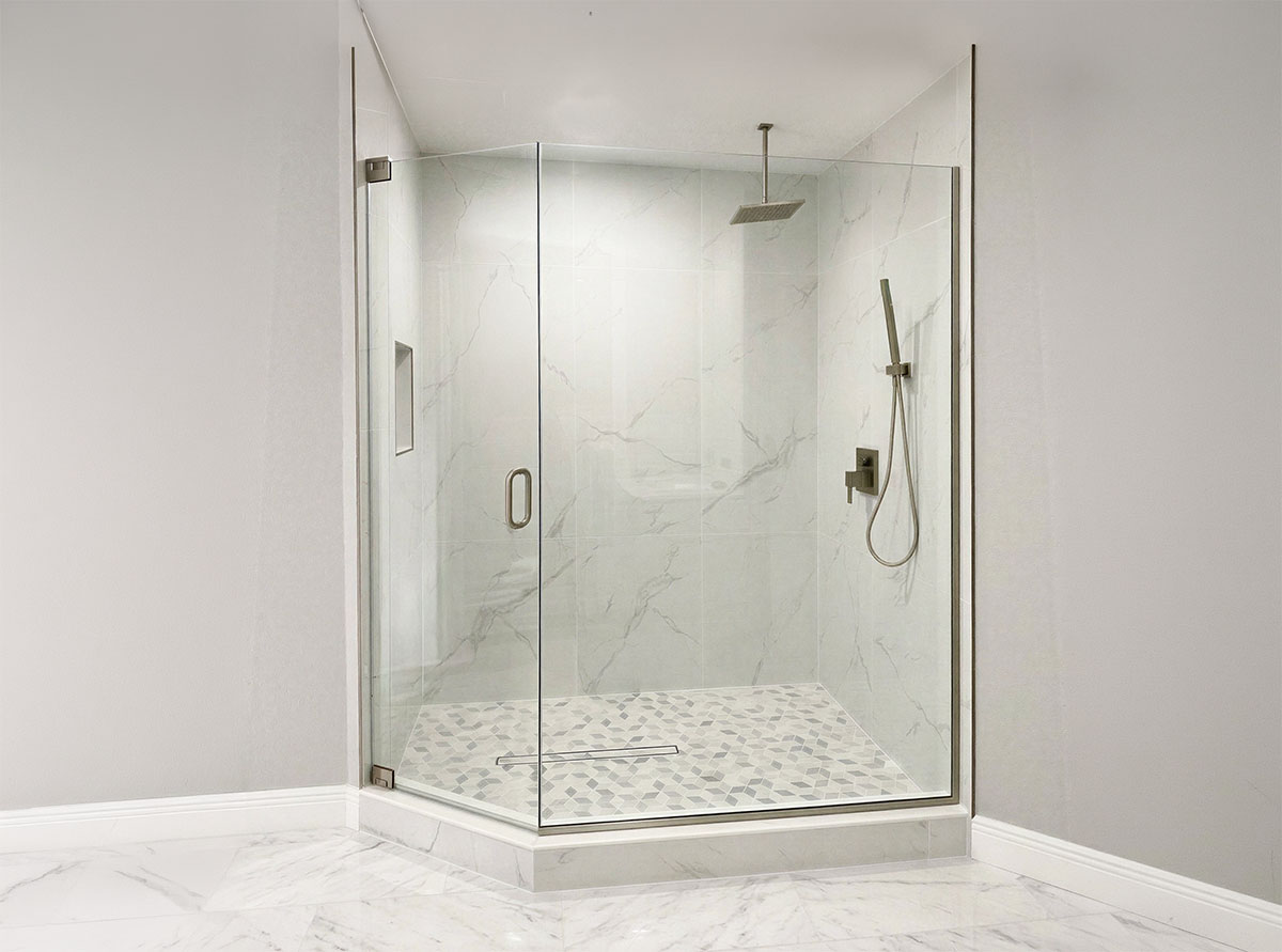 Completed frameless shower door installation in a Florida home