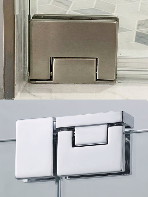 Close-up of MY Pivot Hinge on a frameless shower enclosure